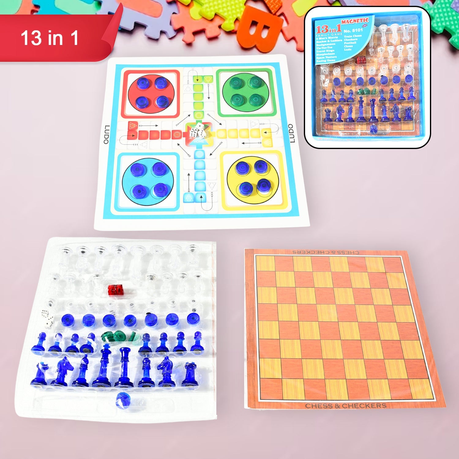 13 in 1 Family Board Game Chess,  Space Venture, Steeplechase Set for Kids